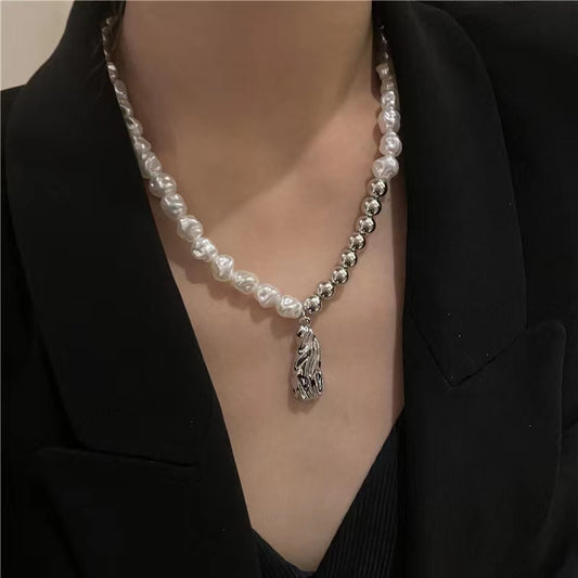 French retro shaped pearl ball double combination clavicle chain sweet cool lava Pendant Necklace