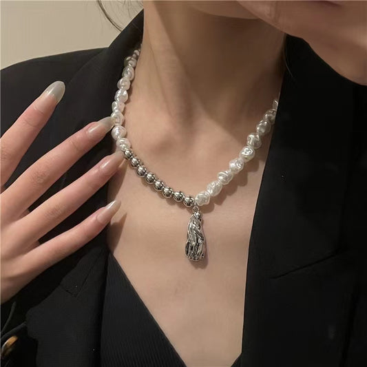 French retro shaped pearl ball double combination clavicle chain sweet cool lava Pendant Necklace
