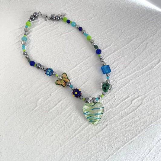 Y2K hot girls sweet cool glass stone big Love Pendant Necklace Scarab butterfly collarbone chain neck chain