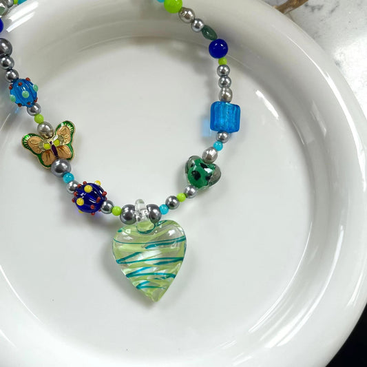 Y2K hot girls sweet cool glass stone big Love Pendant Necklace Scarab butterfly collarbone chain neck chain