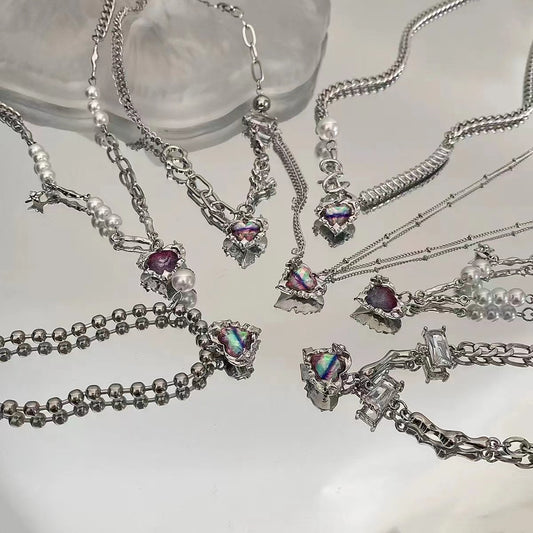 Colorful Heart Splice Zircon Pearl Necklace Women's Light and Luxury Ins Small crowd Design High class Titanium Steel Collar Chain Tide