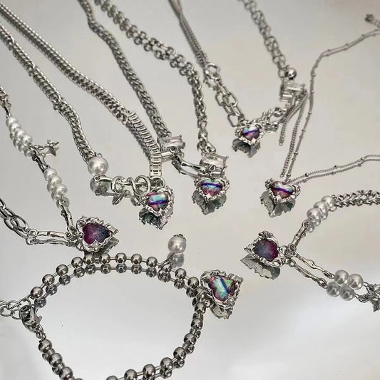 Colorful Heart Splice Zircon Pearl Necklace Women's Light and Luxury Ins Small crowd Design High class Titanium Steel Collar Chain Tide