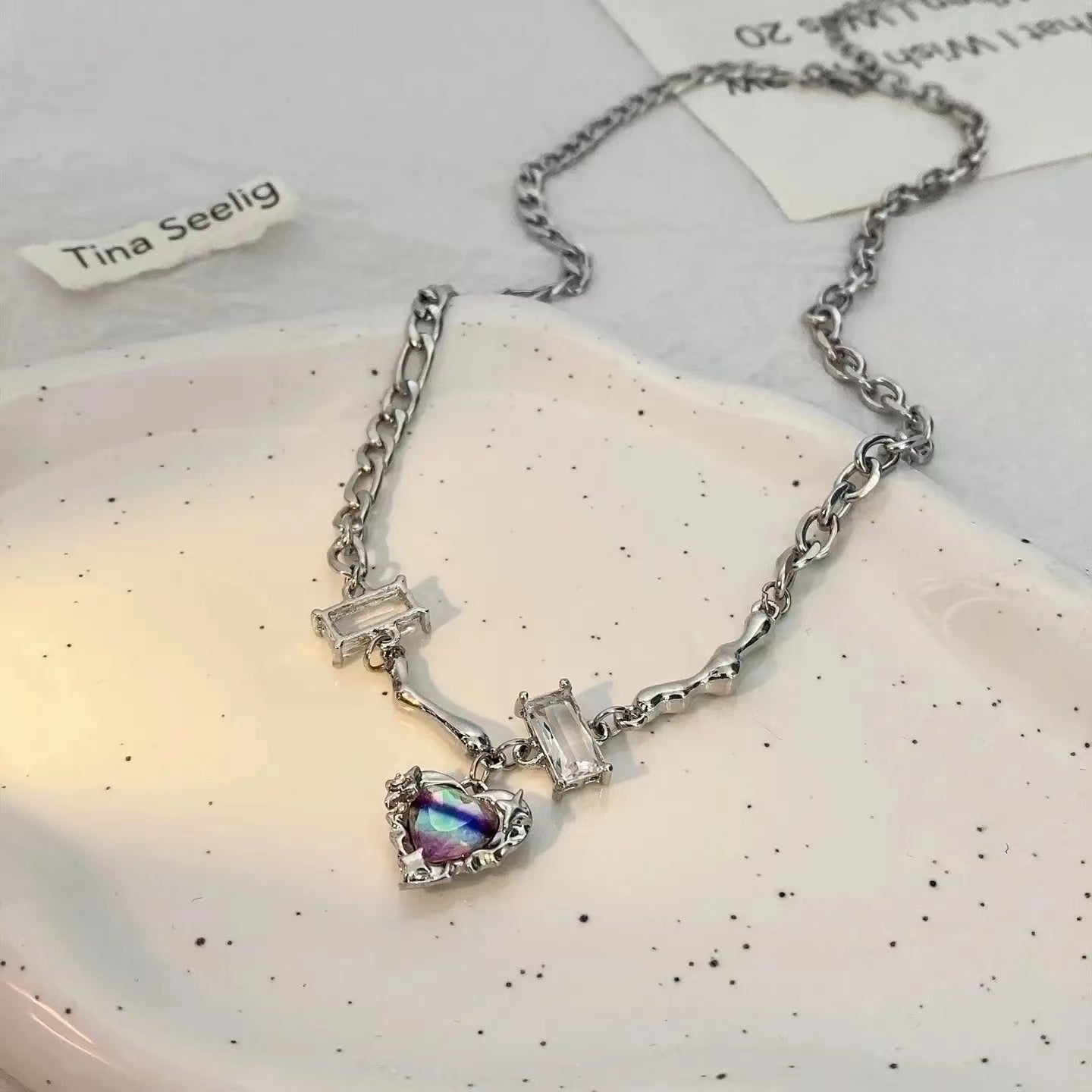 Colorful Heart Splice Zircon Pearl Necklace Women's Light and Luxury Ins Small crowd Design High class Titanium Steel Collar Chain Tide