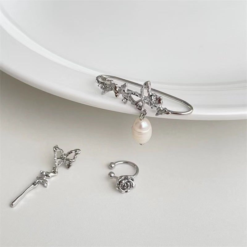 S925 Silver Needle Ear Needle Butterfly Series Natural Freshwater Pearl Earrings