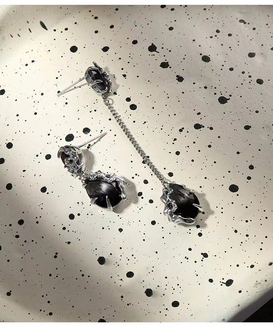 Black Imitation Tourmaline Asymmetrical Earrings Female Metal Lava Small Design New Silver