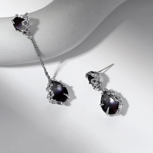 Black Imitation Tourmaline Asymmetrical Earrings Female Metal Lava Small Design New Silver