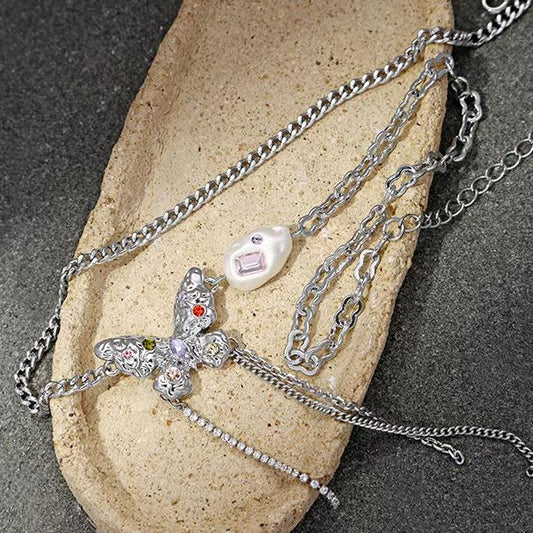 Small design colorful diamond butterfly titanium steel necklace female luxury high fashion