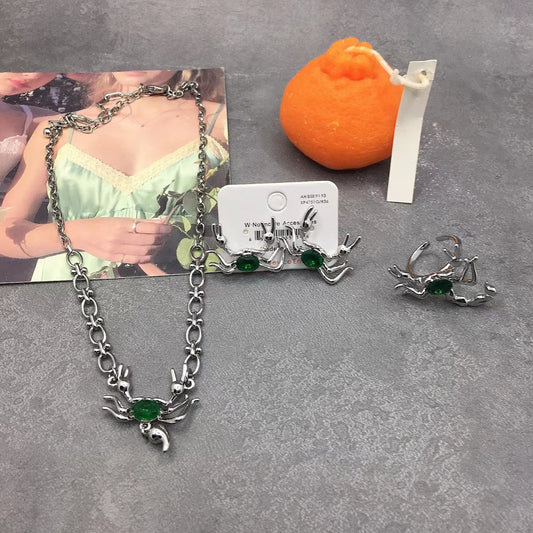 Sweet and cool emerald scorpion earrings female dark fashion cool opening ring scorpion pendant necklace