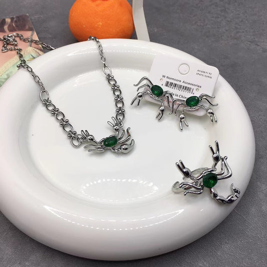 Sweet and cool emerald scorpion earrings female dark fashion cool opening ring scorpion pendant necklace