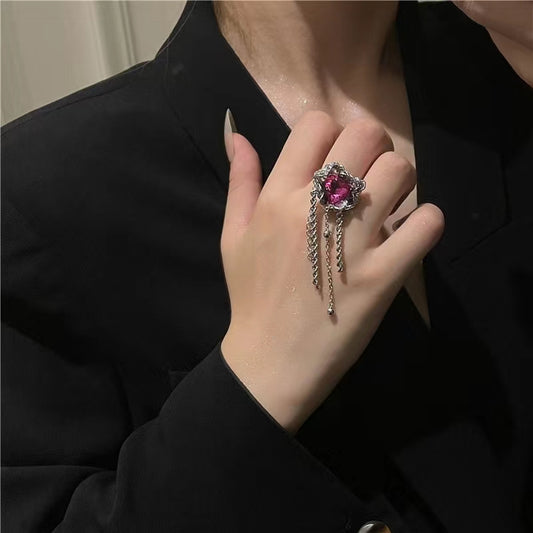 Love Zircon Jewelry Cool Wind Net Red Tassel Earrings Personality Fashion Open Ring