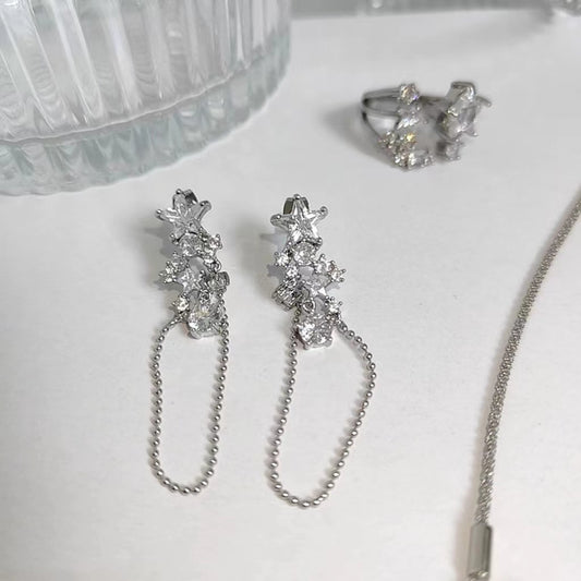 Species Shining Five pointed Star Versatility Back hanging Zircon Earrings Open Ring Collar Necklace