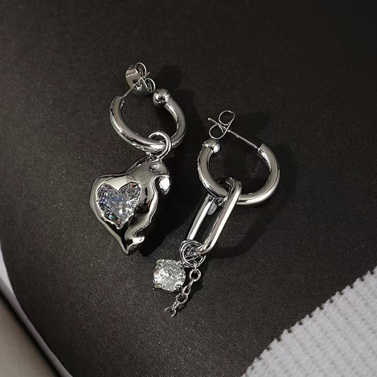 Loving Earrings Women ins Cool Style Premium Silver Zircon Earrings Personalized Design Asymmetrical Earrings