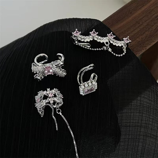 Slightly inlaid pink zircon ear clip girly pearl tassel ear clip design sense ear stud earloop earrings