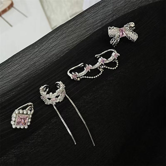 Slightly inlaid pink zircon ear clip girly pearl tassel ear clip design sense ear stud earloop earrings