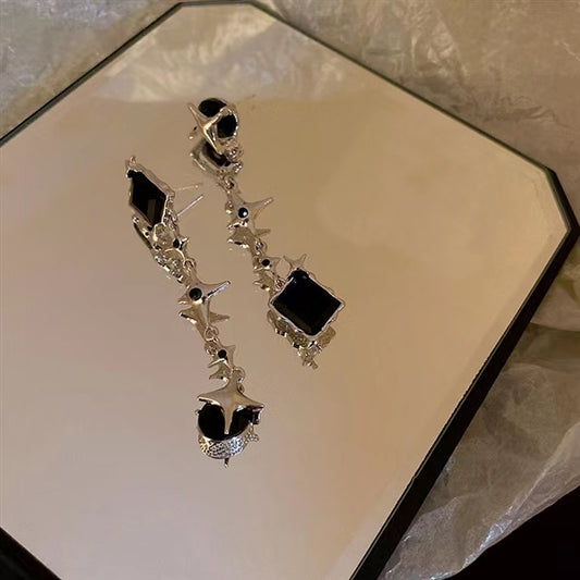 925 Silver Needle Asymmetrical Four pointed Star Rhinestone Earrings Metal Cool