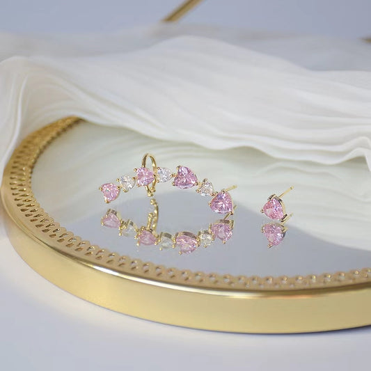 Asymmetrical Peach Pink Love Zircon Flash Drill Earbone Clip One piece Earnail Sweet Beauty Earrings