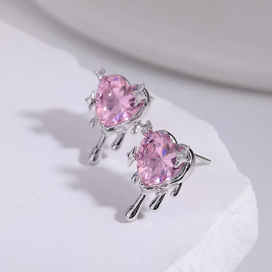 New Earrings Sweet and Cool Love Pink Zircon Earrings Popular Design Premium Cold Air Lava Earrings