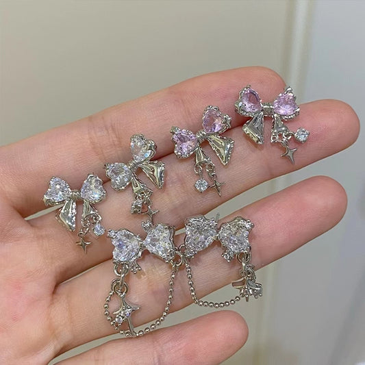 diamond inlaid bow earrings "star shaped small crowd design fashionable zircon