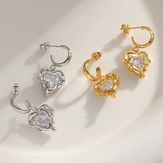 Love earrings Women's fashion net red with peach heart zircon earrings