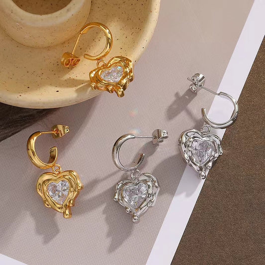 Love earrings Women's fashion net red with peach heart zircon earrings