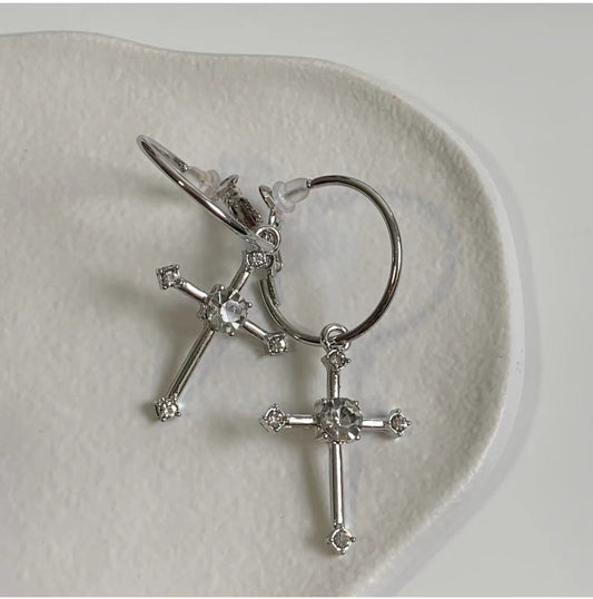 Gothic Diamante Cross Charm Hoop Earrings for Women Fashion