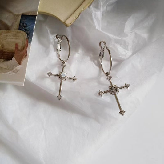 Gothic Diamante Cross Charm Hoop Earrings for Women Fashion