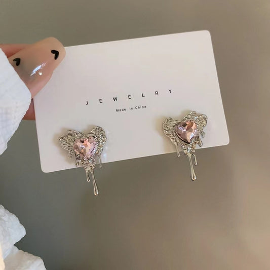 Self designed S925 Silver Needle Japanese and Korean Pink Heart Earrings