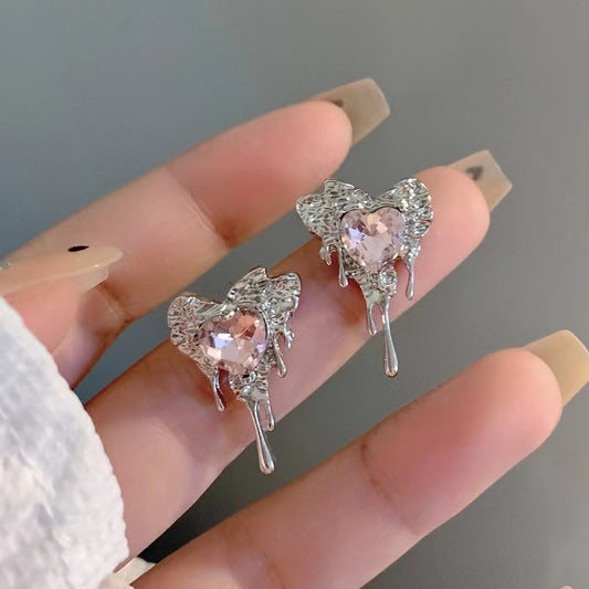 Self designed S925 Silver Needle Japanese and Korean Pink Heart Earrings