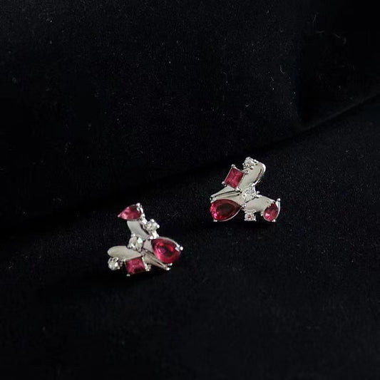 S925 Silver Needle Personality Metallic Love Earrings Red Diamond Earrings