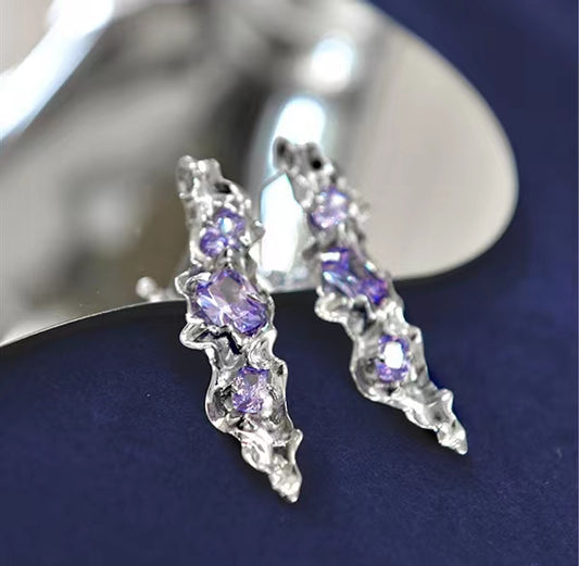 2022 New Time Poet's Liquid Asymmetrical Earrings Decorated with Sterling Silver Purple Zircon Crystal Popular Design Trend