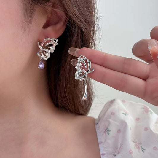 S925 Silver Needle Japanese Korean Style Butterfly Wing Earrings Simple