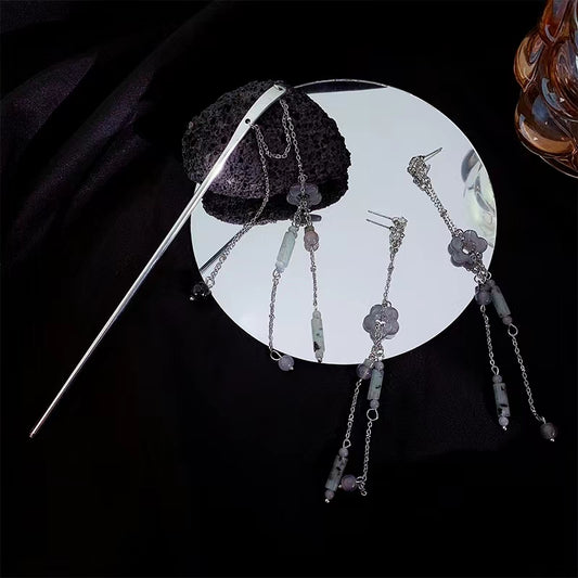 Straight hair hairpin Long acetic acid floret cylinder tassel hairpin hair dish earrings