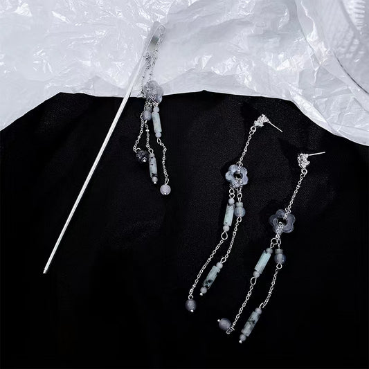 Straight hair hairpin Long acetic acid floret cylinder tassel hairpin hair dish earrings