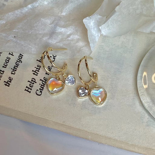 Double layer metal zircon cat eye love earrings Personalized versatile temperament earrings