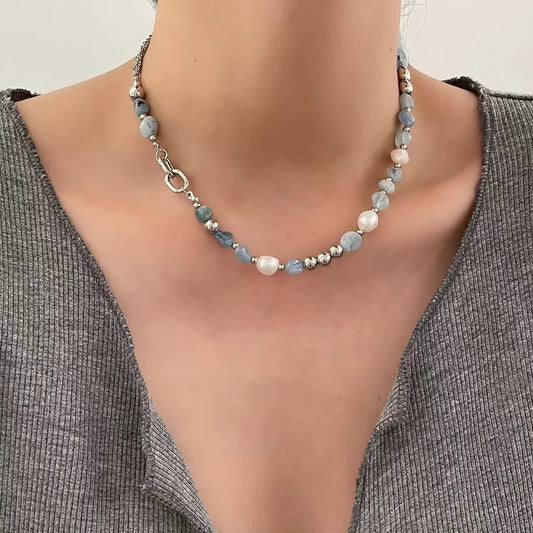 Natural stone blue crystal necklace