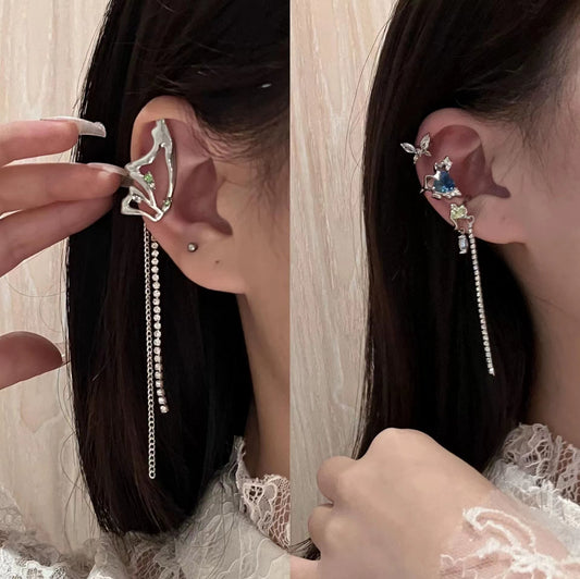 Elf ear clip silver sweet cool cold wind niche senior sense tassel no ear hole earrings female ear bone clip earrings