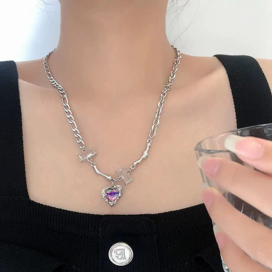 Colorful love stitching zirconia necklace female light luxury ins niche design senior sense of fashion versatile clavicle chain tide