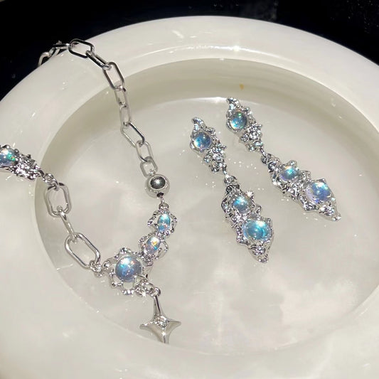 Moonlight necklace cross earrings set 925 silver pin lunar eclipse collarbone chain silver stones