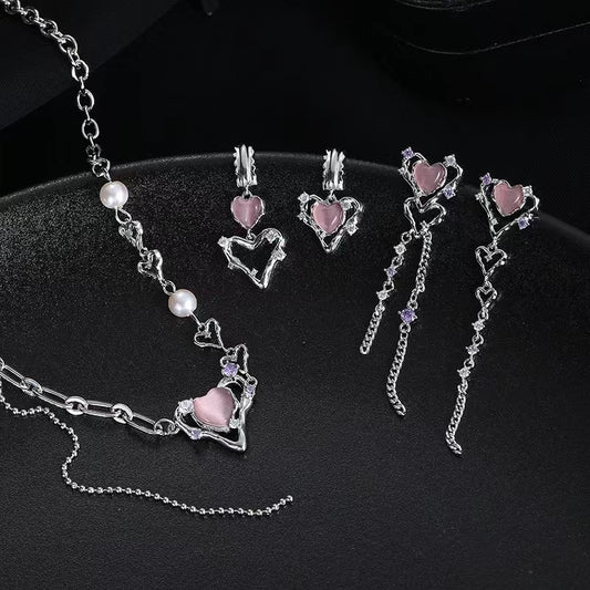 Original design love cat's eye stone necklace female temperament girls sweet cool pink necklace