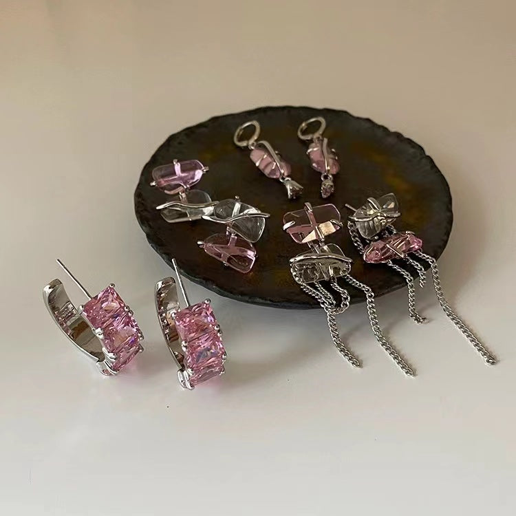 Super fairy pink zirconia irregular metal tassel earrings female Korean personality versatile temperament fashion earrings earrings