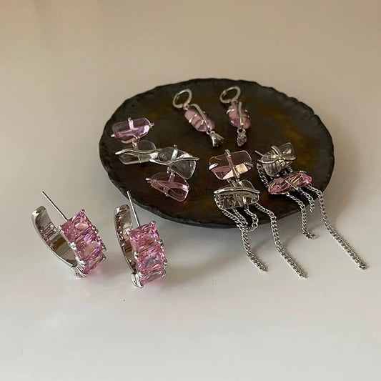 Super fairy pink zirconia irregular metal tassel earrings female Korean personality versatile temperament fashion earrings earrings
