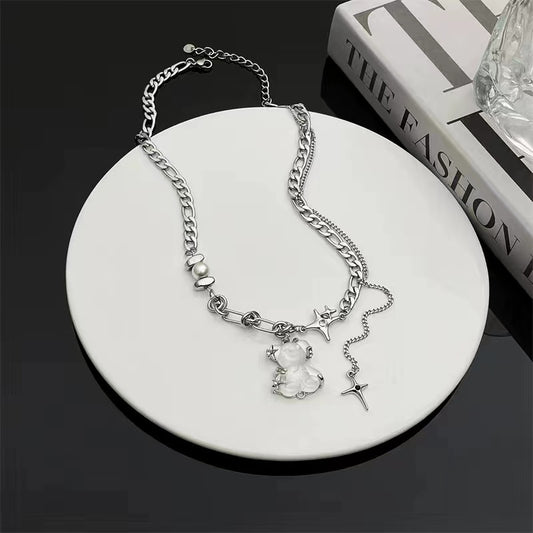 Fashion personality bear pendant stitching tassel star mango necklace female light luxury ins niche design hundred matching collarbone chain
