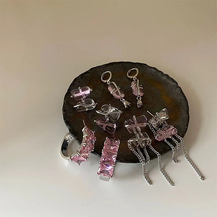 Super fairy pink zirconia irregular metal tassel earrings female Korean personality versatile temperament fashion earrings earrings