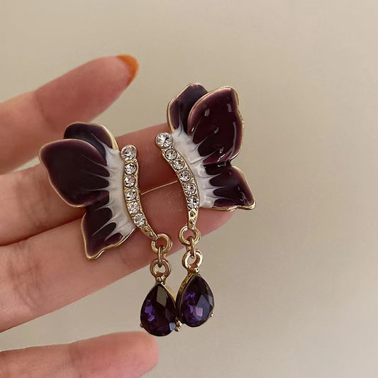 Purple butterfly flying high sense of design French vintage metal butterfly earrings