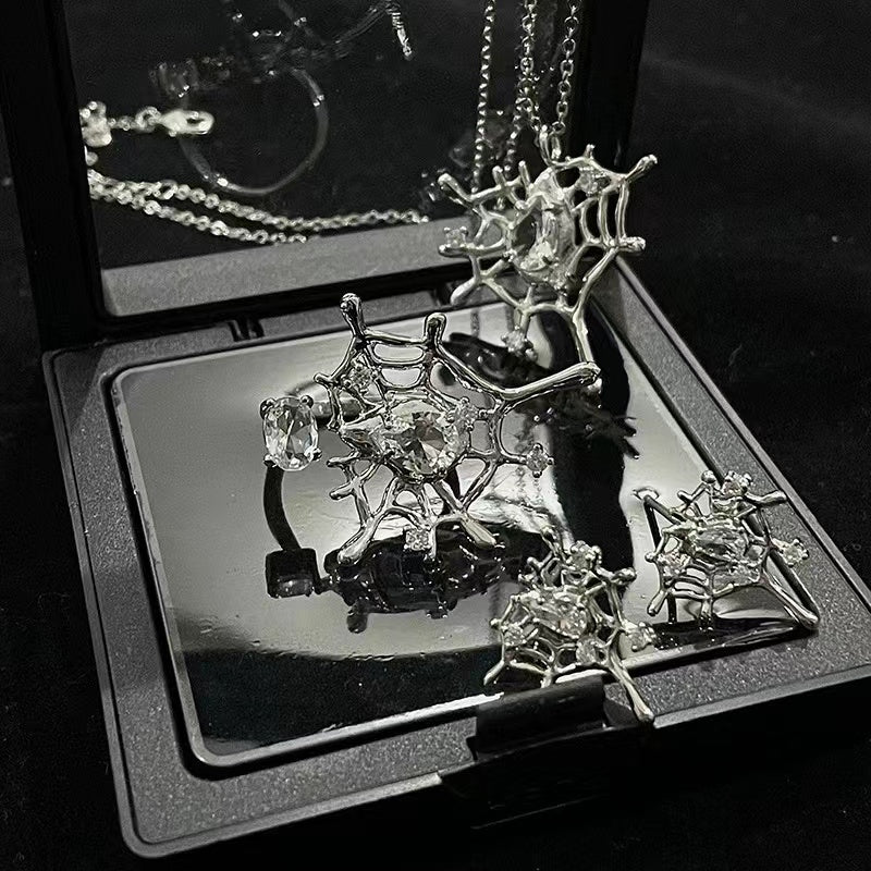 Niche design spider web set ins cold wind open ring inlaid zirconia necklace senior sense earrings female