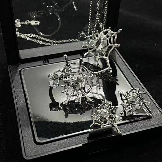 Niche design spider web set ins cold wind open ring inlaid zirconia necklace senior sense earrings female
