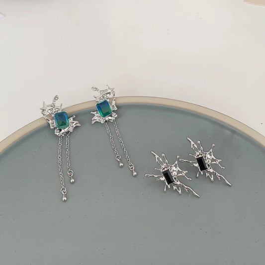 S925 silver needle temperament cold style earrings personality irregular senior sense earrings long tassel ear clips earrings