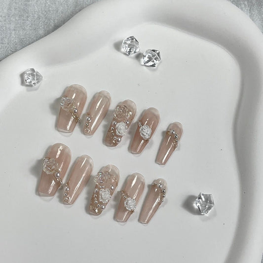 Icy Camellia medium-length handmade nails