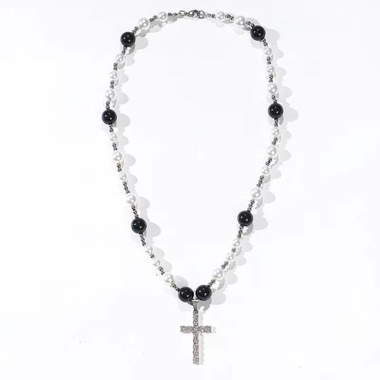 Vintage double black and white pearl necklace with diamond and zirconia cross