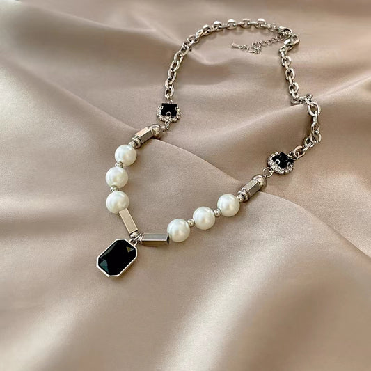 Vintage black crystal pearl patchwork necklace